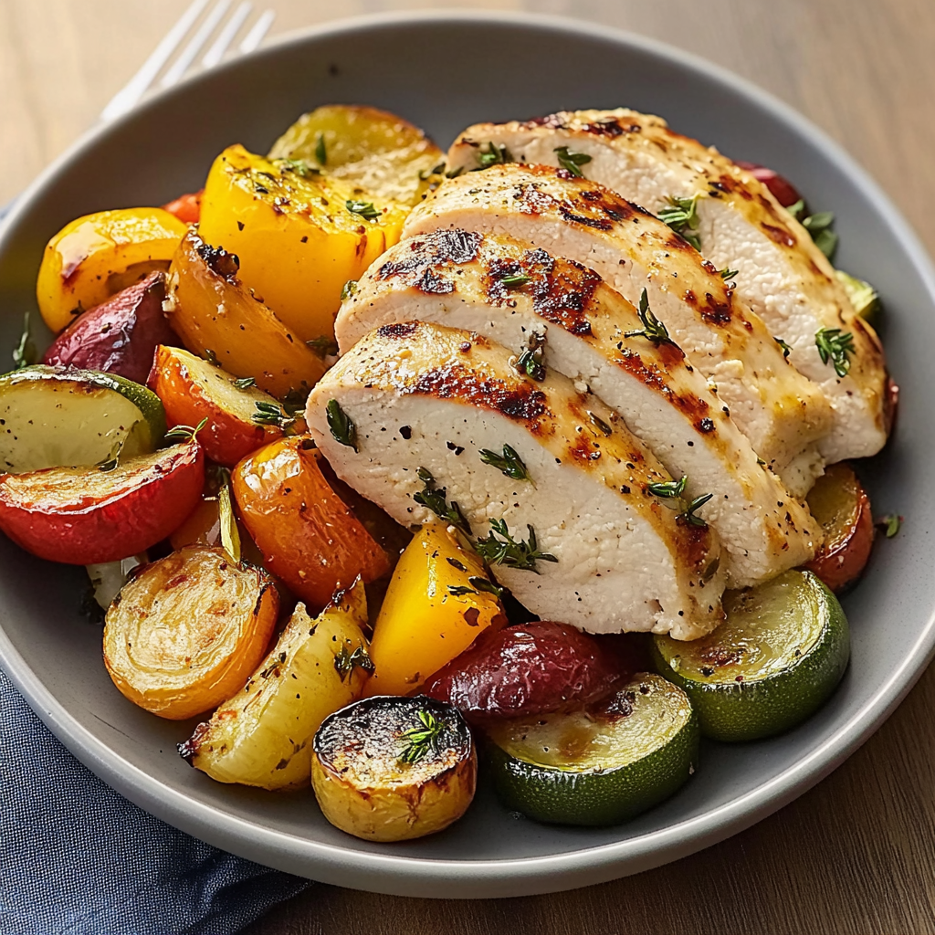 Recipe preparation for Herb Chicken & Roasted Veggie Bake