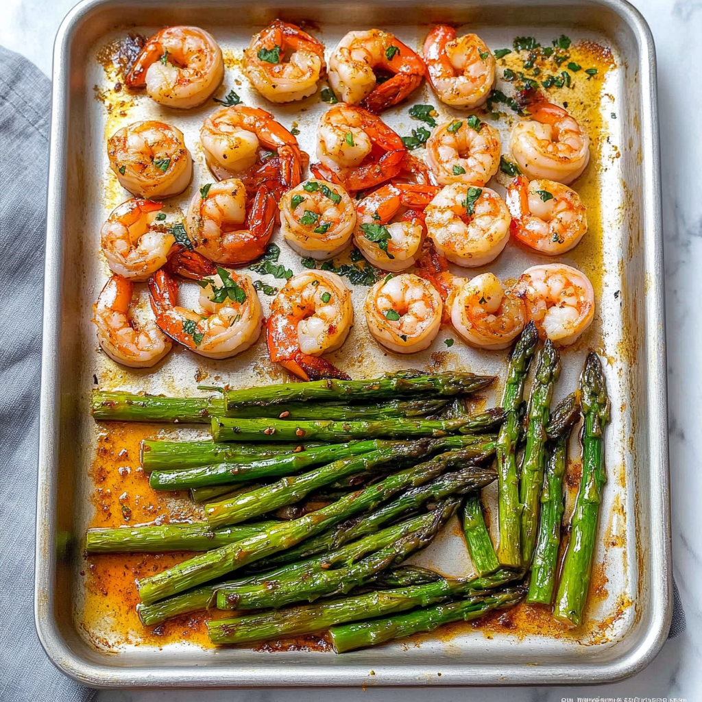 Recipe preparation for Sheet Pan Garlic Butter Shrimp and Asparagus
