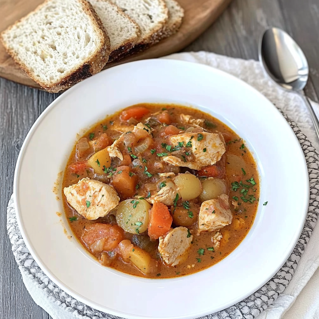 Recipe preparation for Creamy Chicken Stew with Potatoes, Carrots and Tomatoes