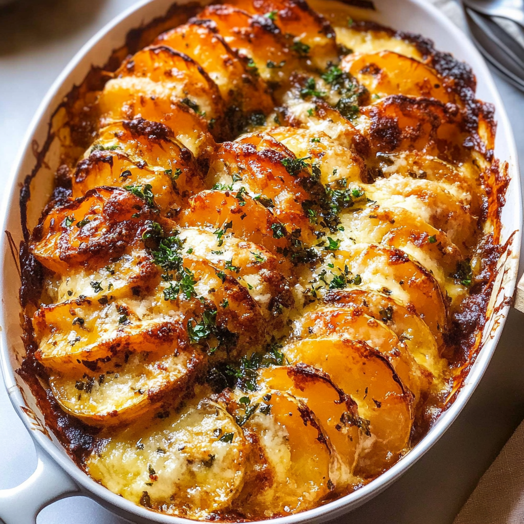 Recipe preparation for cheesy root vegetable gratin