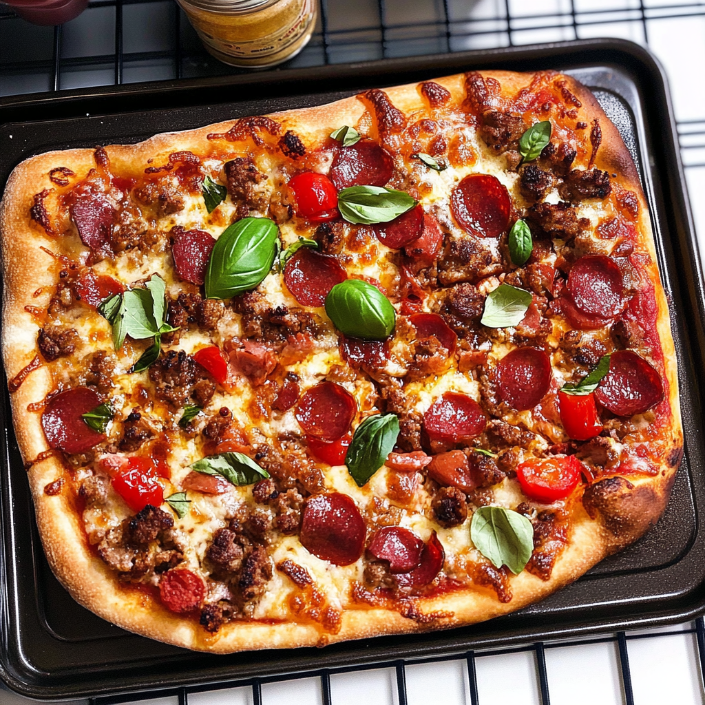 Recipe preparation for Sheet Pan Meat Lovers Pizza