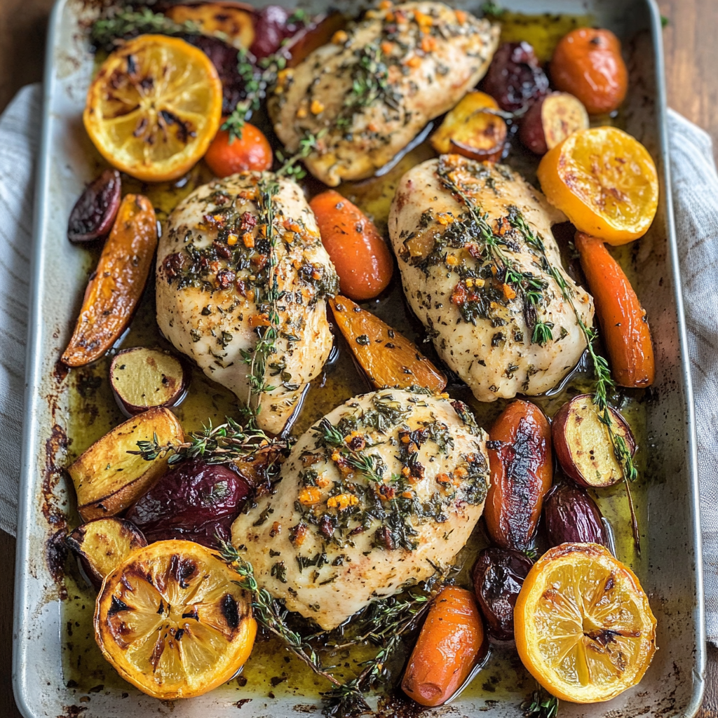 Recipe preparation for Herb Grapefruit Sheet Pan Chicken with Roasted Vegetables