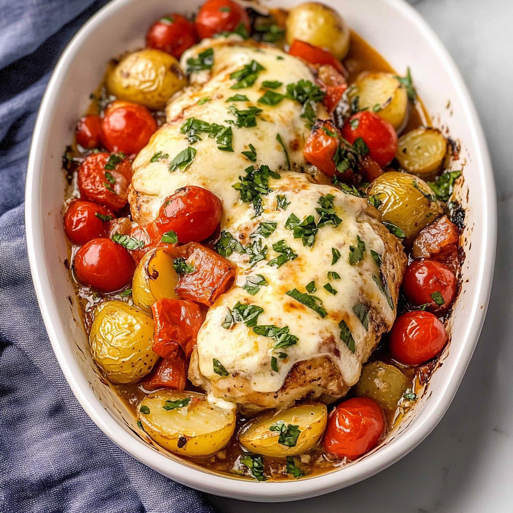 Recipe preparation for Sheet Pan Mozzarella Chicken, Potatoes and Vegetables