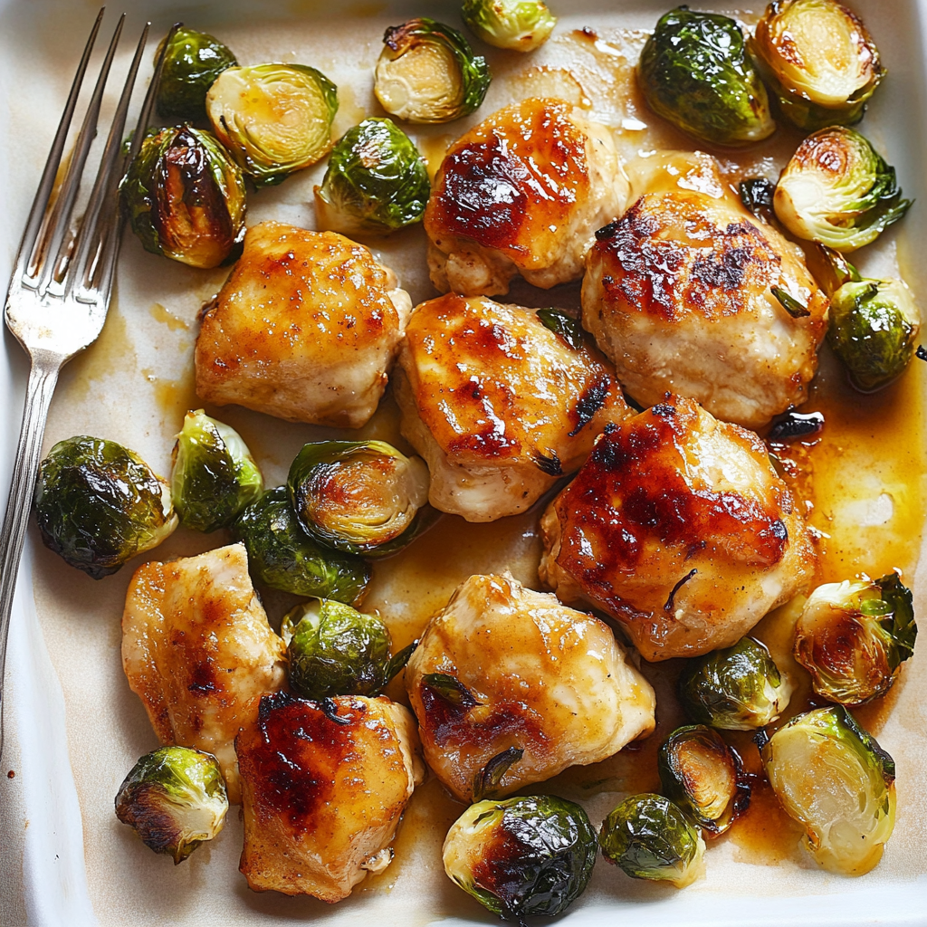Recipe preparation for Honey Mustard Sheet Pan Chicken with Brussels Sprouts