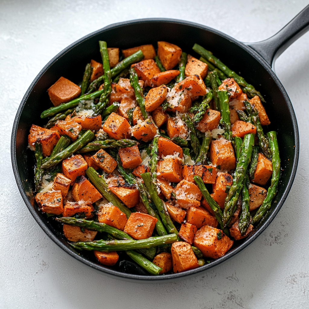 Recipe preparation for Asparagus Sweet Potato Skillet
