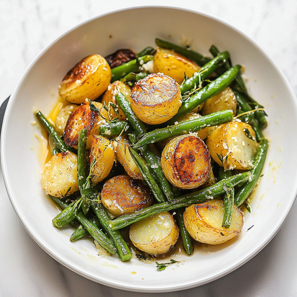 Recipe preparation for roasted garlic potatoes and green beans