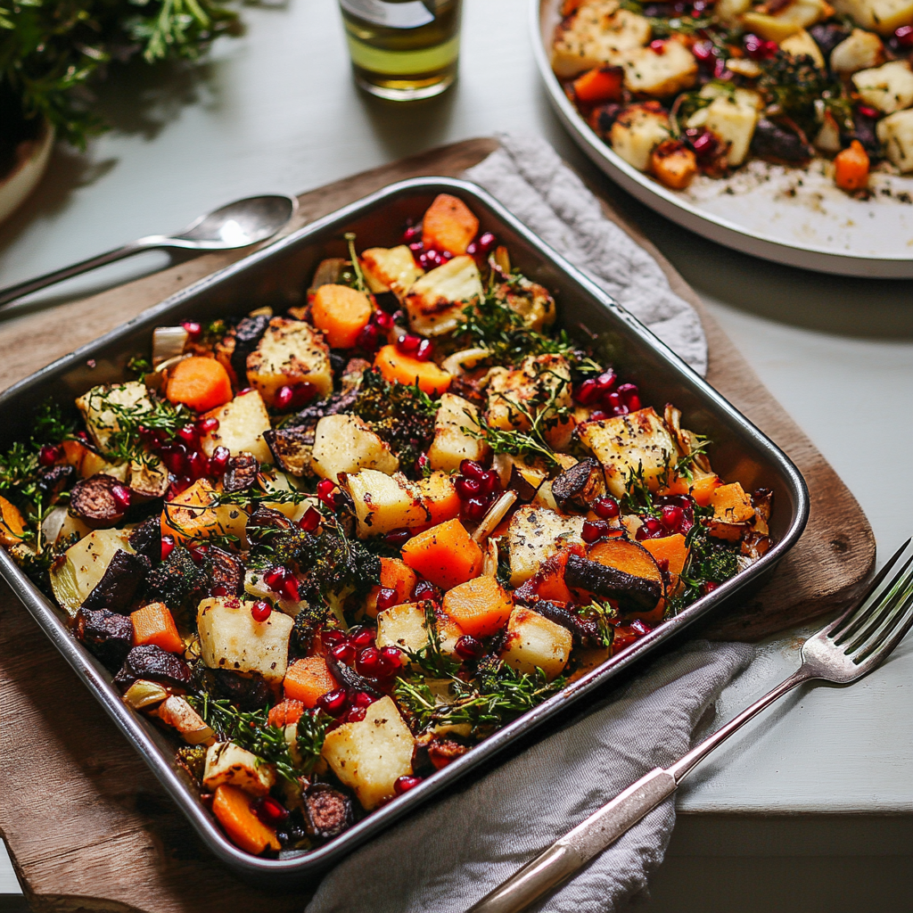 Recipe preparation for Sheet Pan Festive Vegetable & Halloumi Bake with Pomegranate