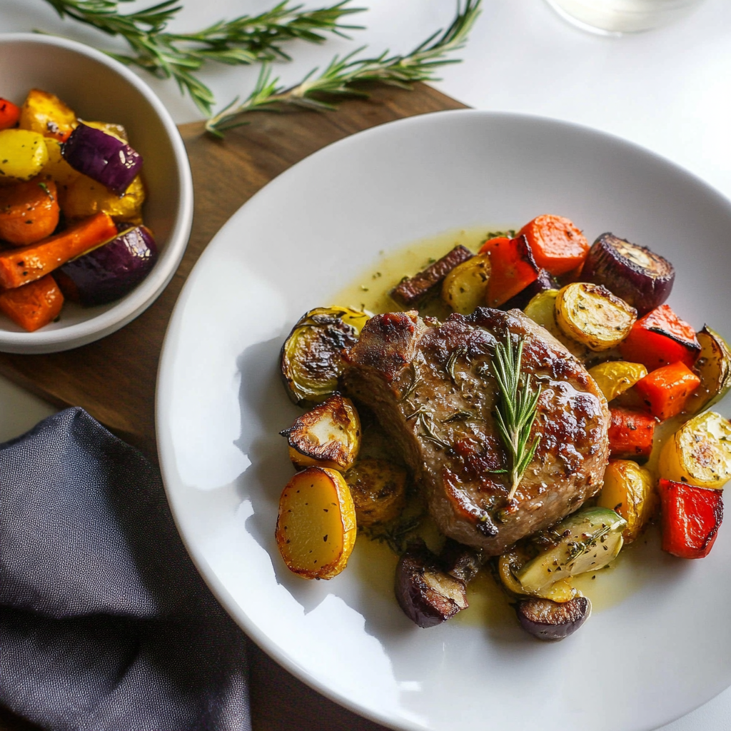 Recipe preparation for Sheet Pan Garlic Rosemary Lamb Chops with Winter Veggies