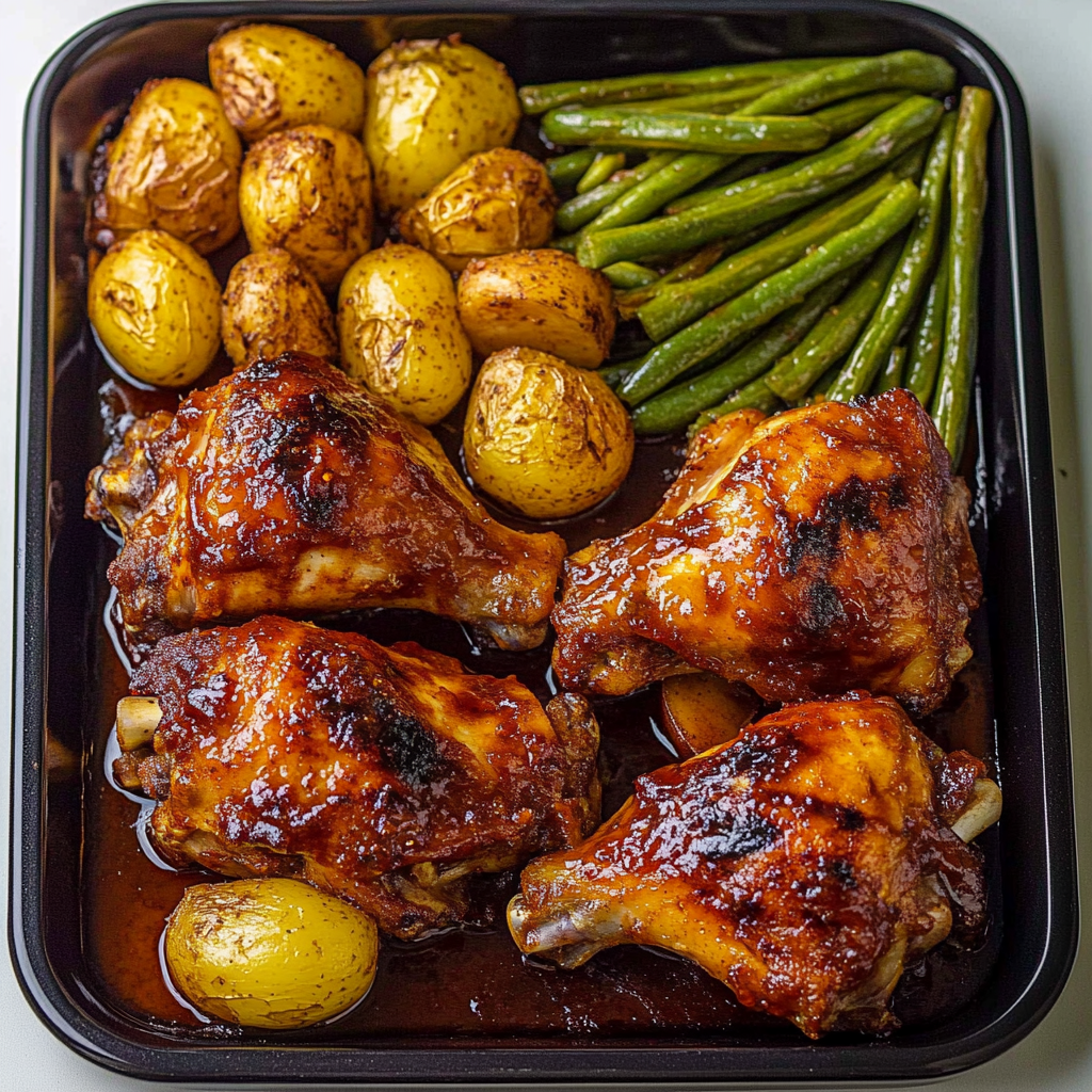 Recipe preparation for Sheet Pan BBQ Chicken Thighs with Baby Potatoes & Green Beans