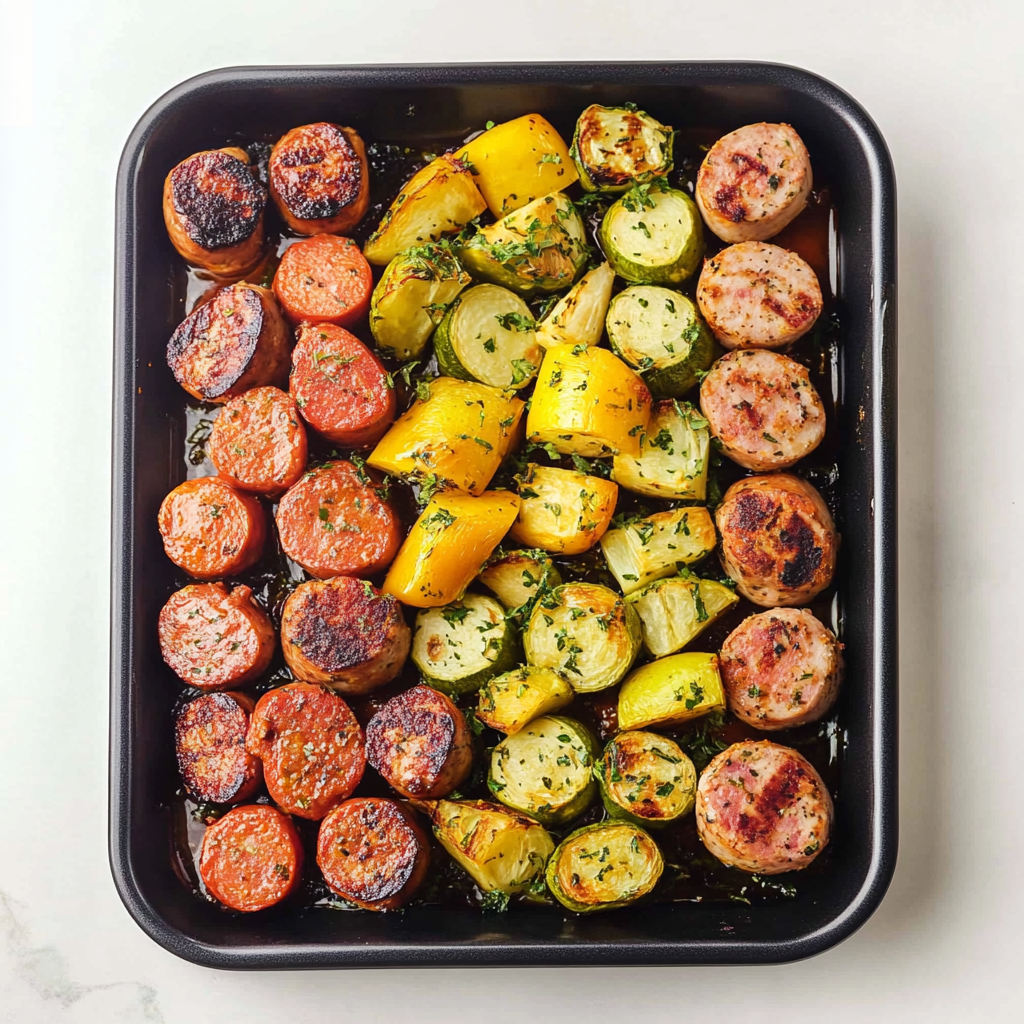 Recipe preparation for Sheet Pan Chicken Sausage & Roasted Vegetables