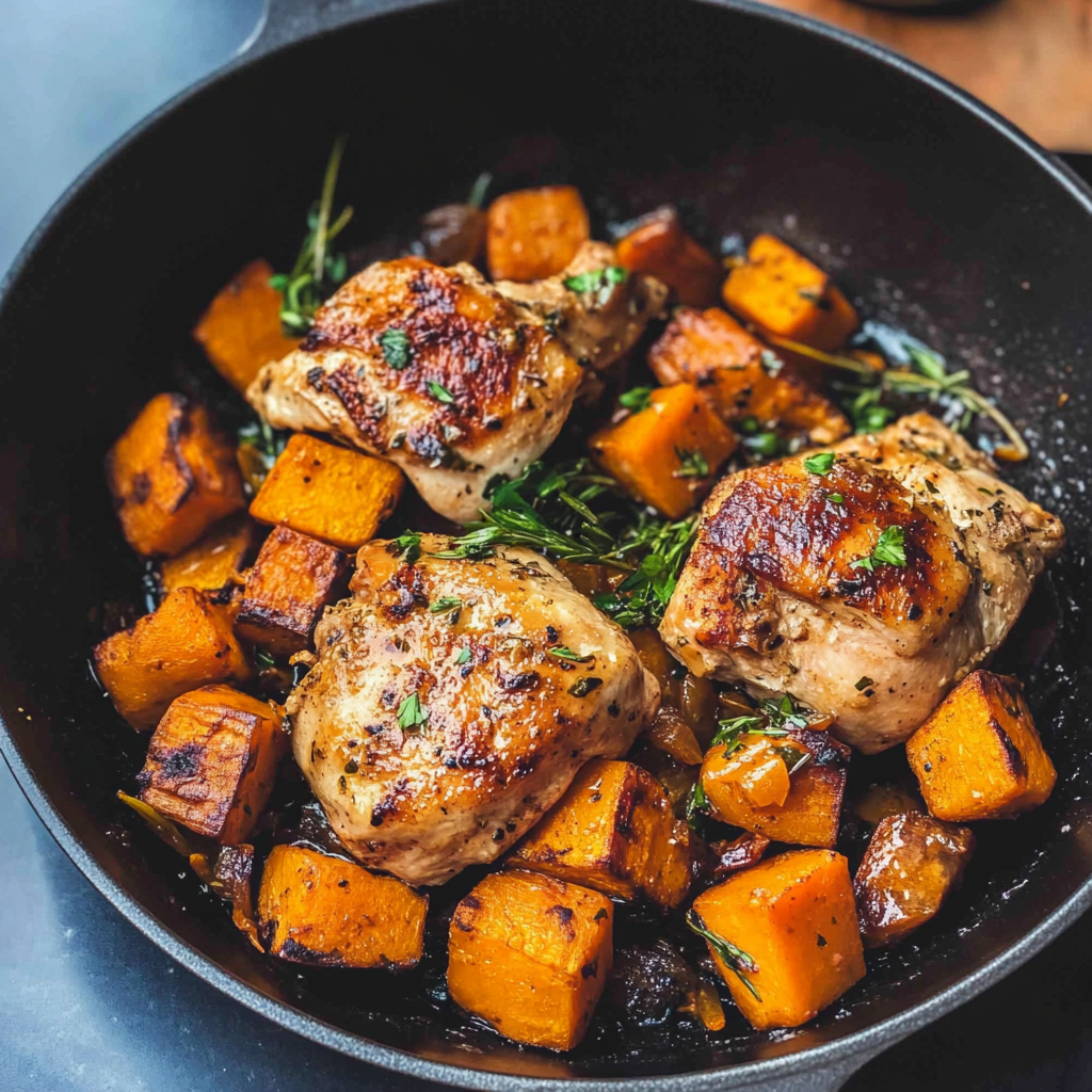 Recipe preparation for Chicken and Sweet Potato Skillet