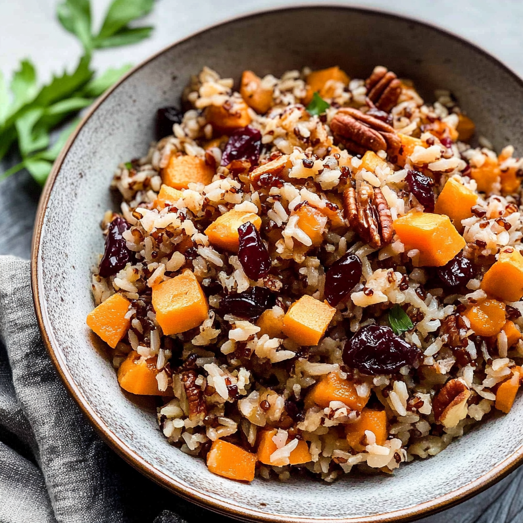 Recipe preparation for Cranberry Pecan Sweet Potato Wild Rice Pilaf