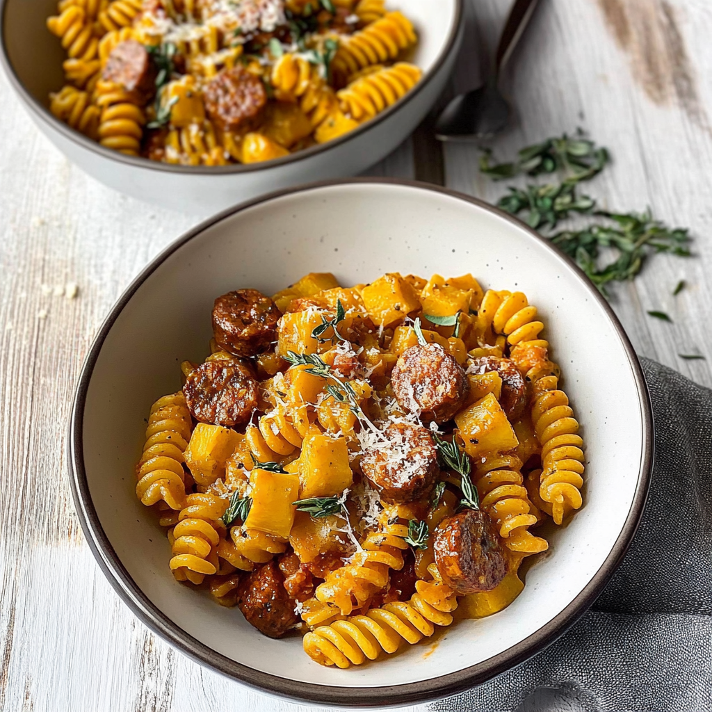 Recipe preparation for Fusilli with Pumpkin and Sausage