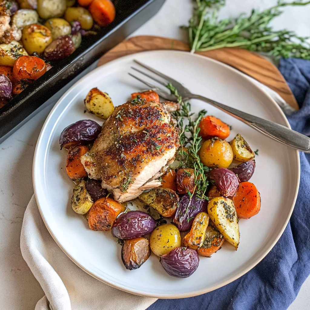 Recipe preparation for Herb Roasted Chicken and Vegetables Sheet Pan Meal