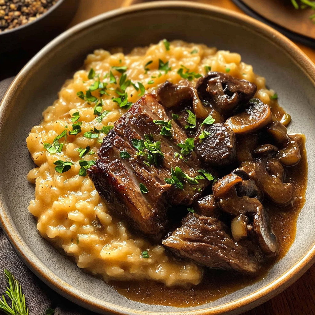 Recipe preparation for Braised Short Rib Risotto with Mushrooms