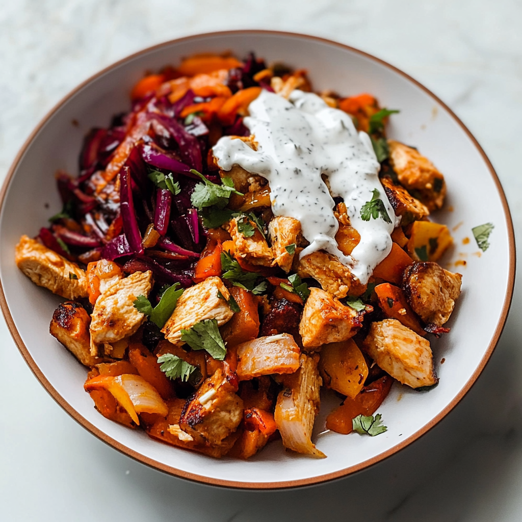 Recipe preparation for Spicy Chicken and Roasted Vegetable Bowls