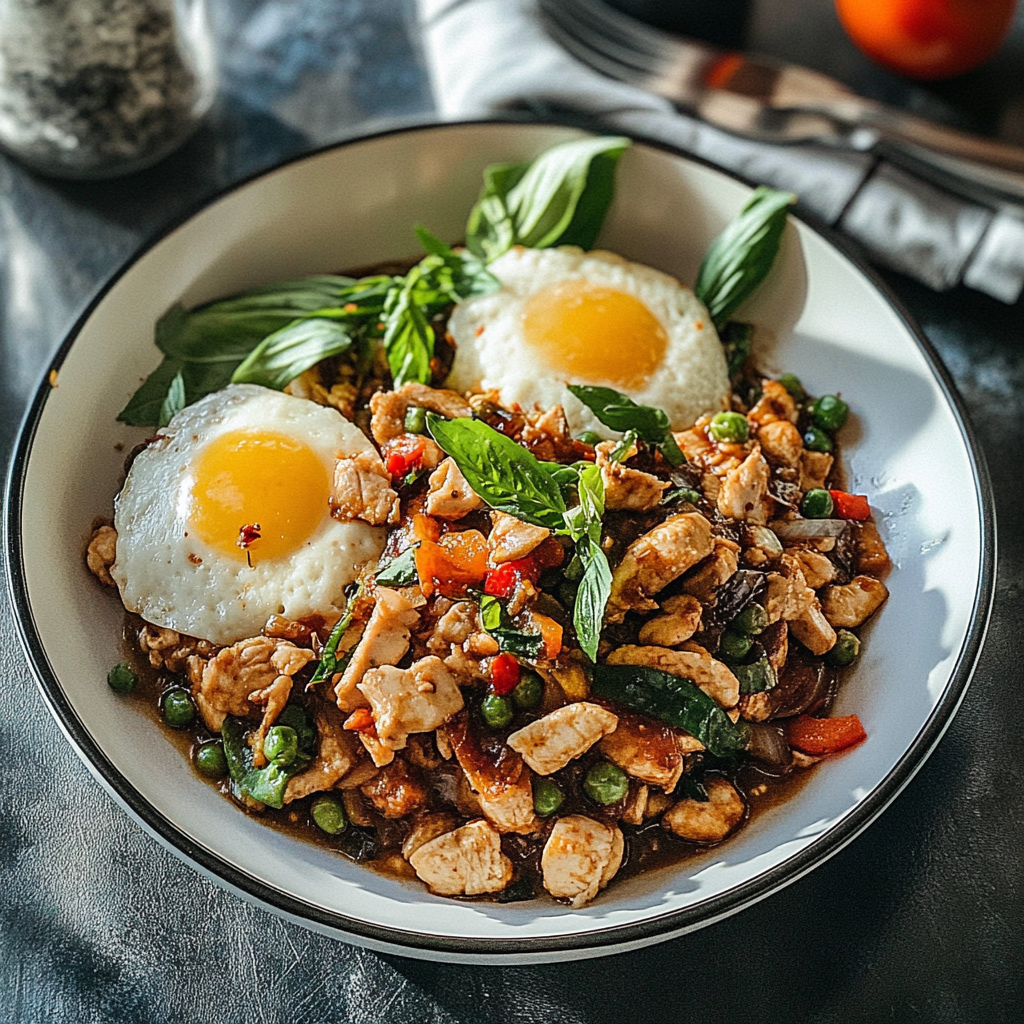 Recipe preparation for 30-Minute Spicy Thai Basil Chicken (Pad Krapow)