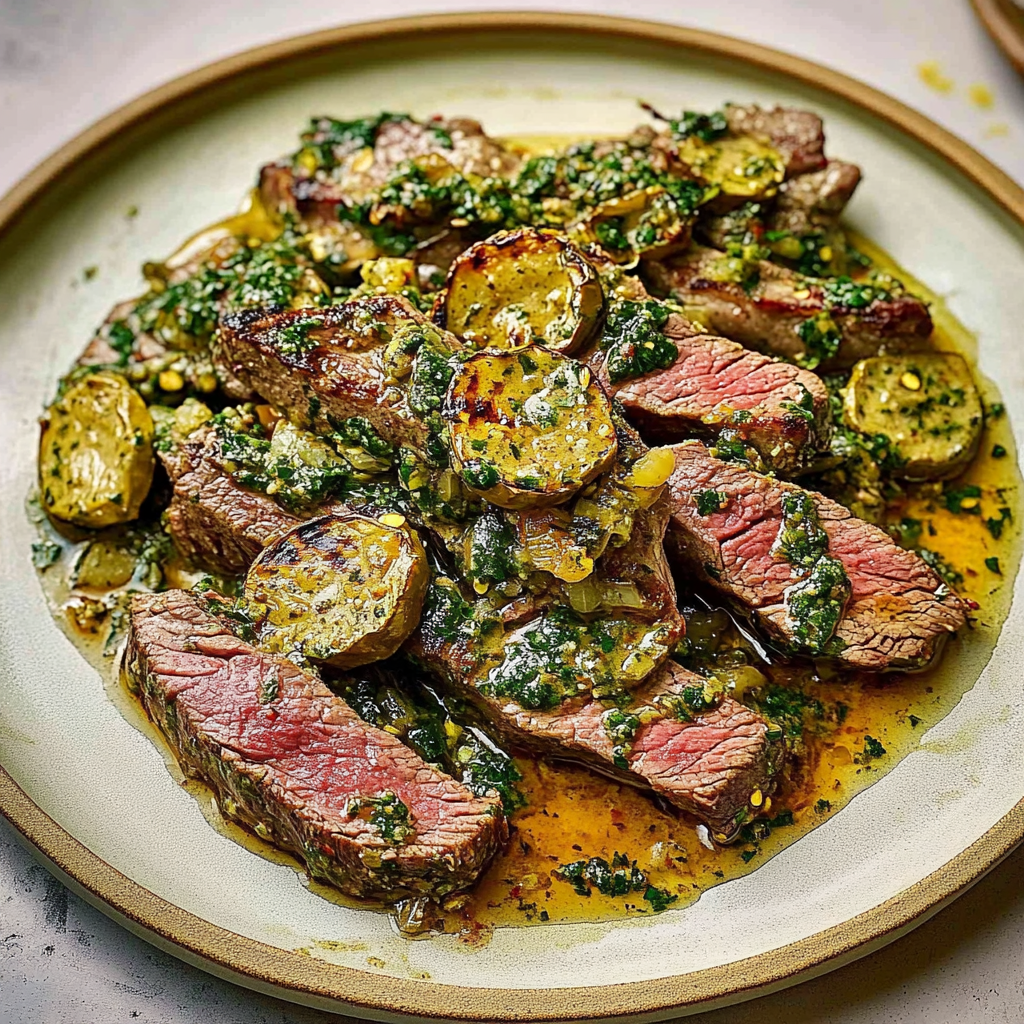 Recipe preparation for olive chimichurri steak with padron peppers