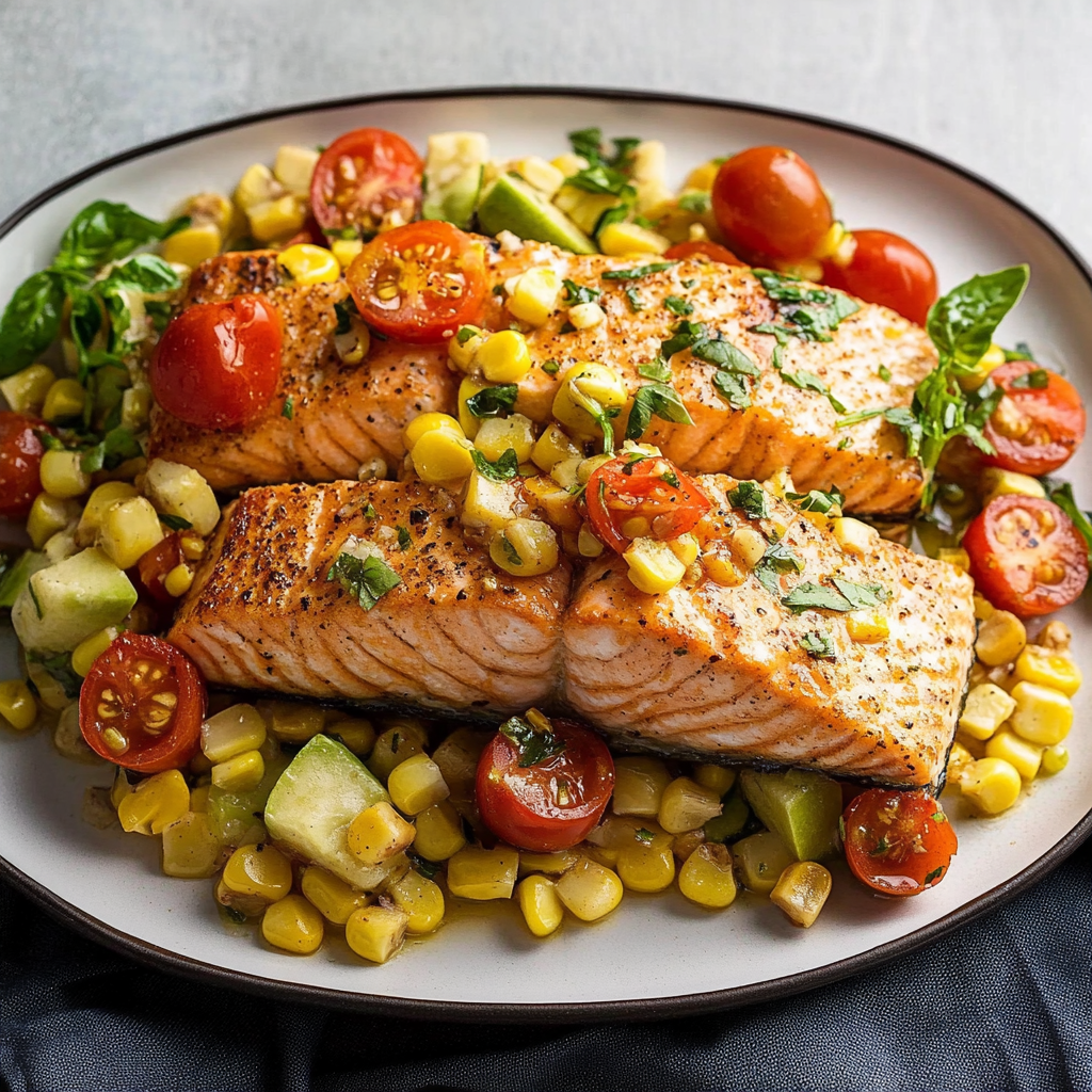Recipe preparation for Sheet Pan Chili Lime Salmon with Corn and tomatoes