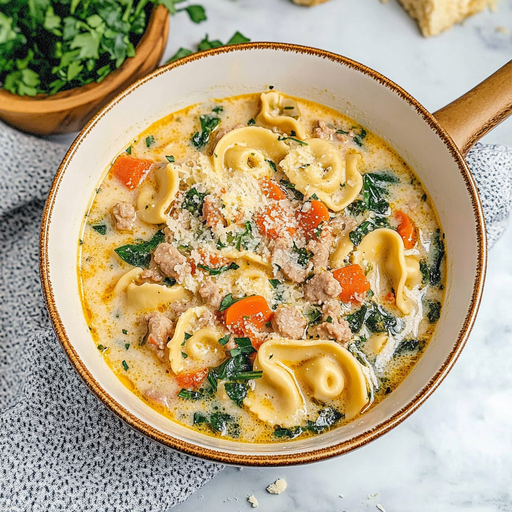Recipe preparation for Slow Cooker Creamy Tortellini Soup with Sausage and Spinach
