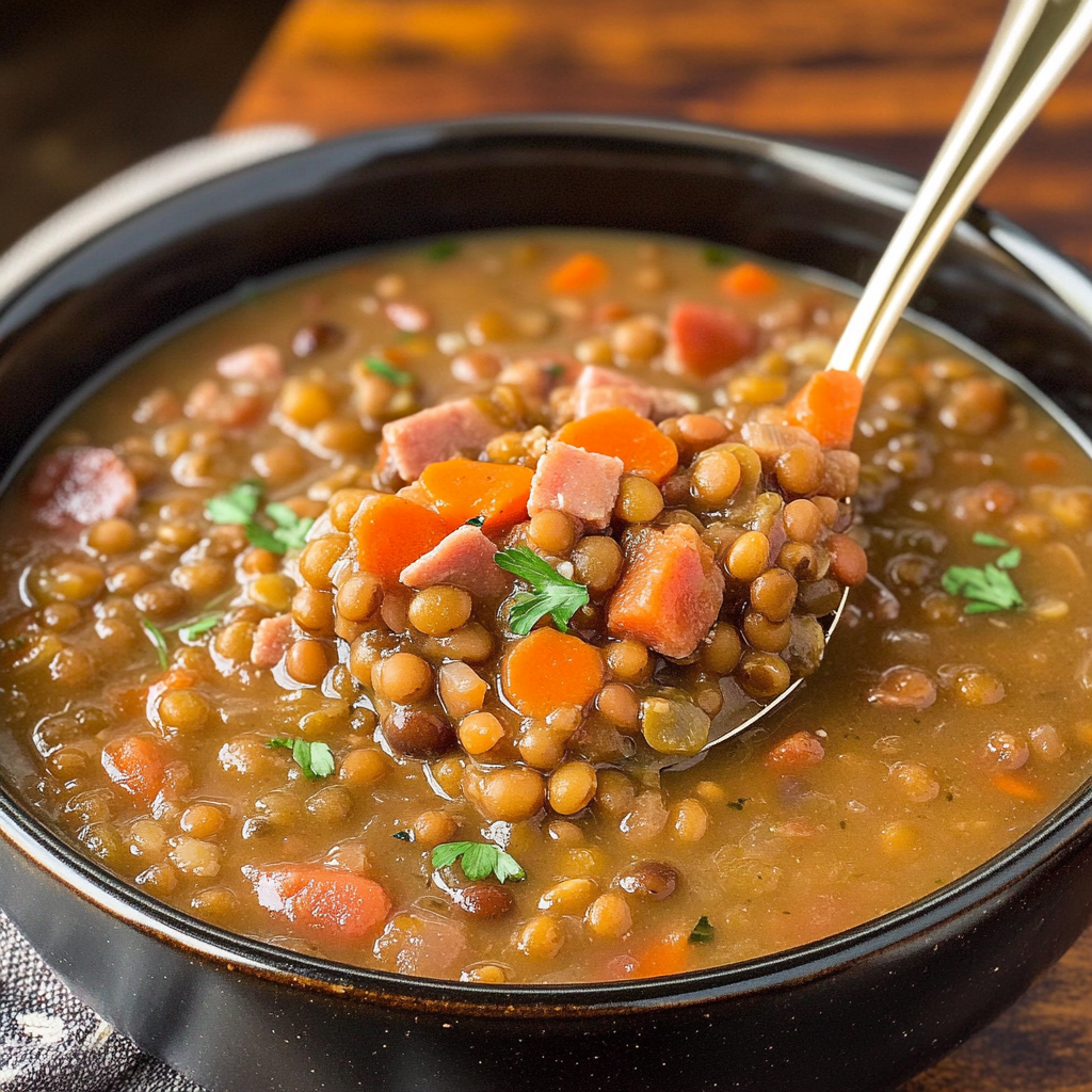 Recipe preparation for Slow Cooker Smoky Lentil and Ham Soup