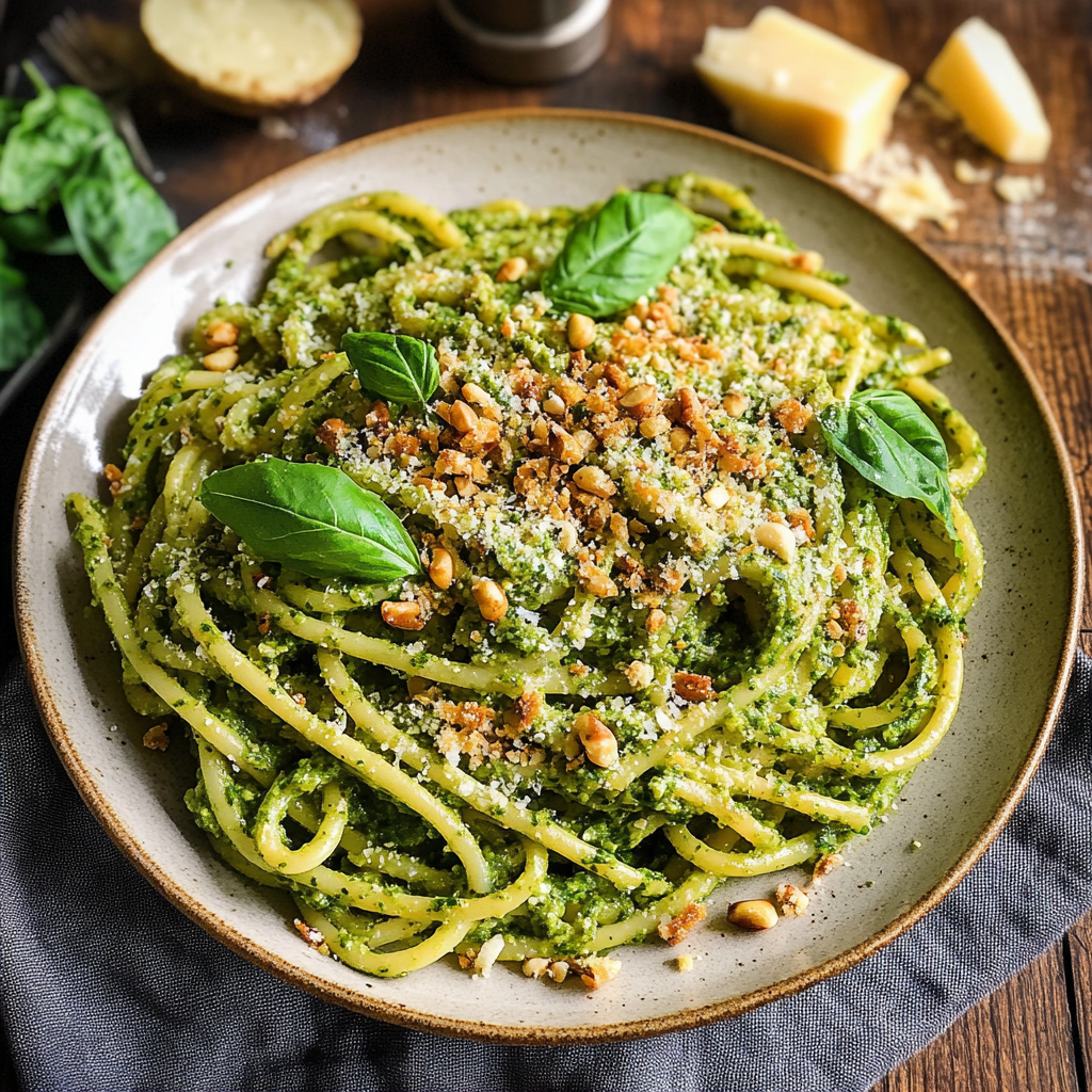 Recipe preparation for 30-Minute Pesto Pasta with Roasted Pine Nuts and Parmesan