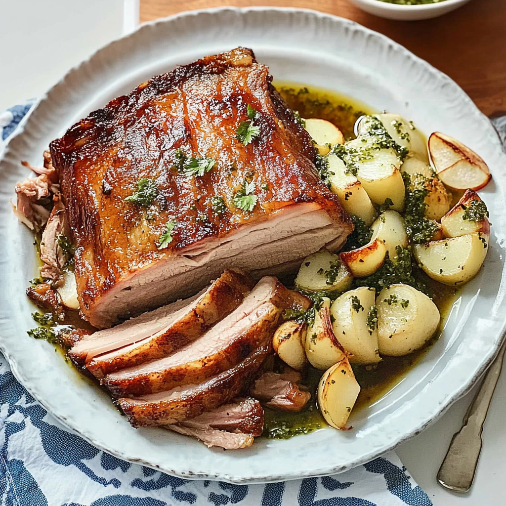 Recipe preparation for Slow-Roasted Pork Belly with Fennel and Apple