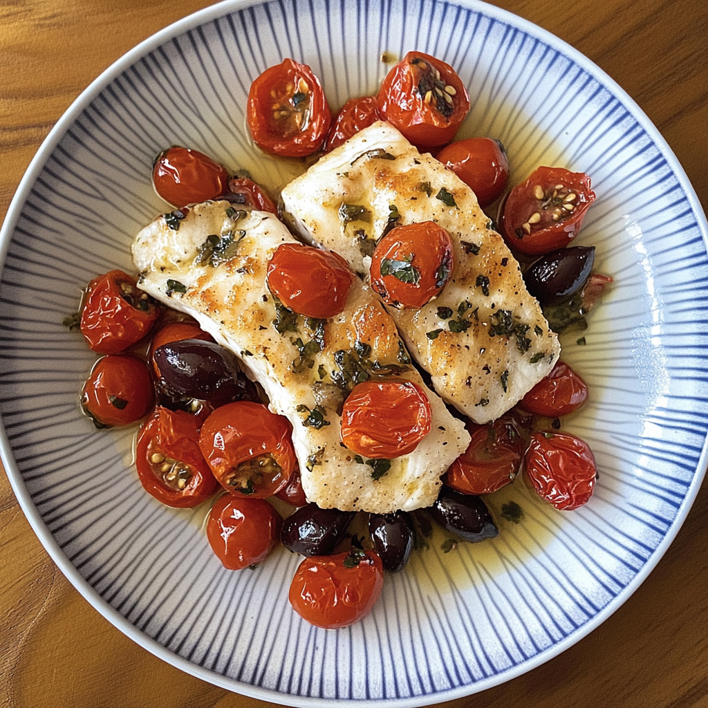 Recipe preparation for Sheet Pan Roasted Cod with Kalamata Olives and Cherry Tomatoes