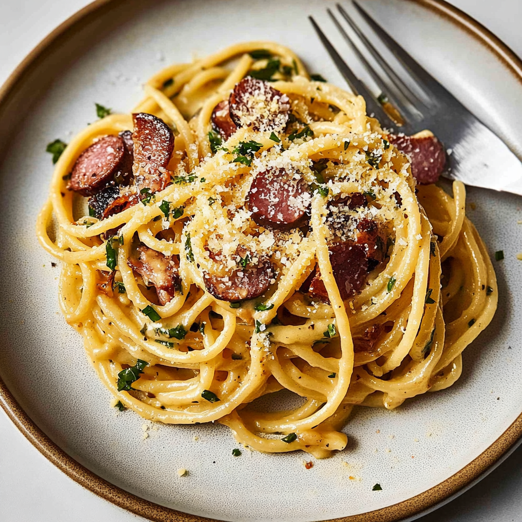 Recipe preparation for 30-Minute Classic Creamy Pasta Carbonara with Crispy Guanciale