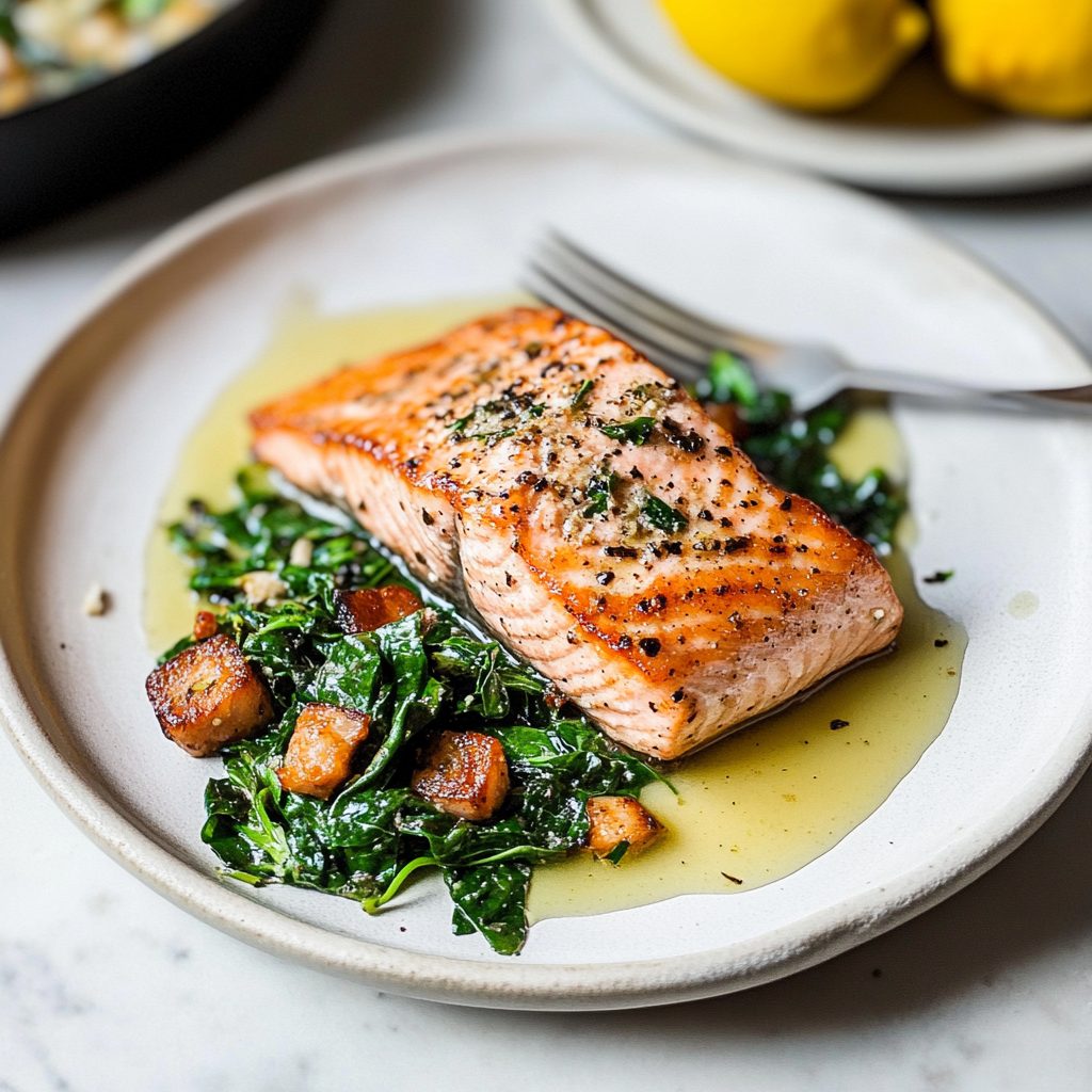 Recipe preparation for 30-Minute Lemon Butter Salmon with Garlic Sautéed Spinach