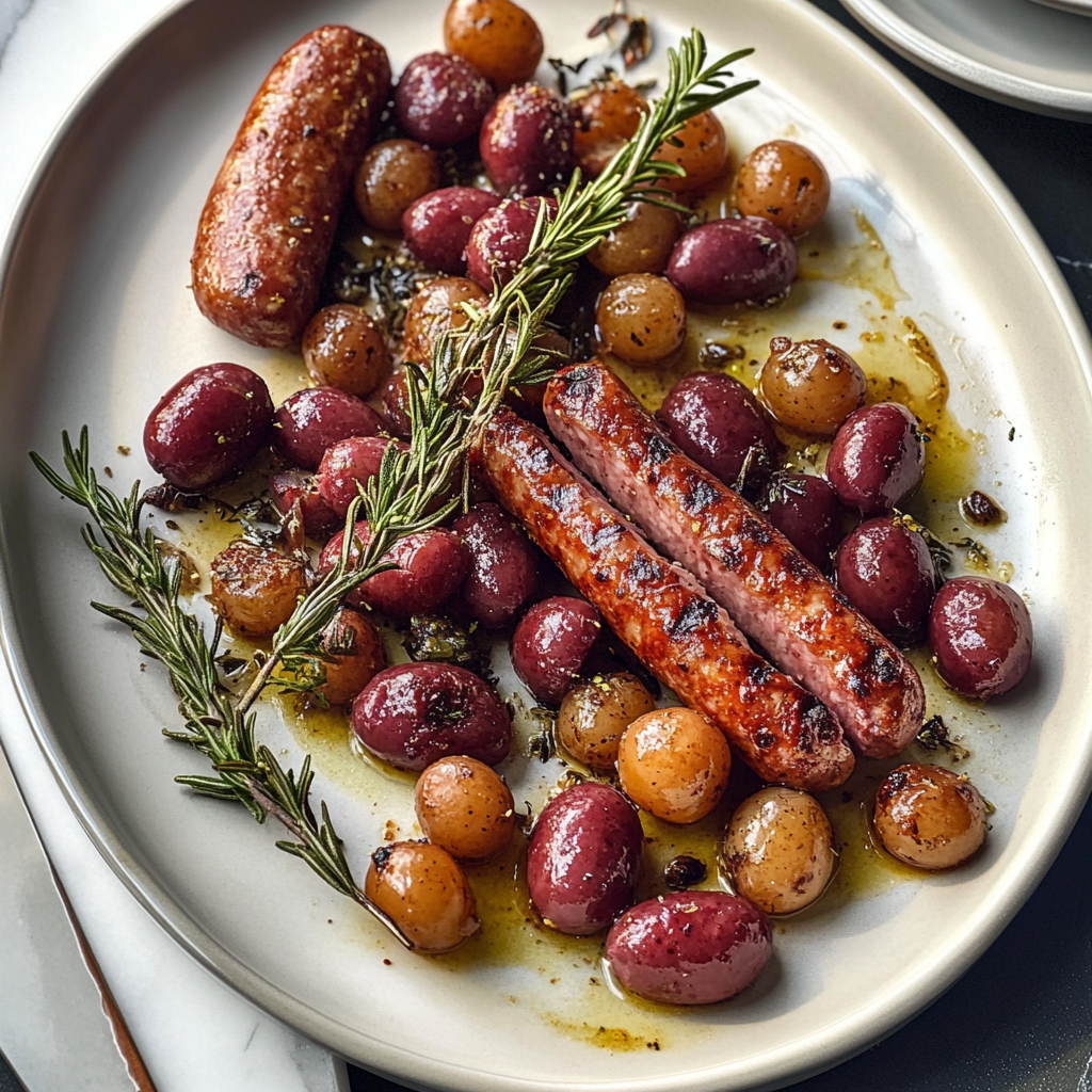Recipe preparation for Sheet Pan Roasted Sausage and Grapes with Rosemary
