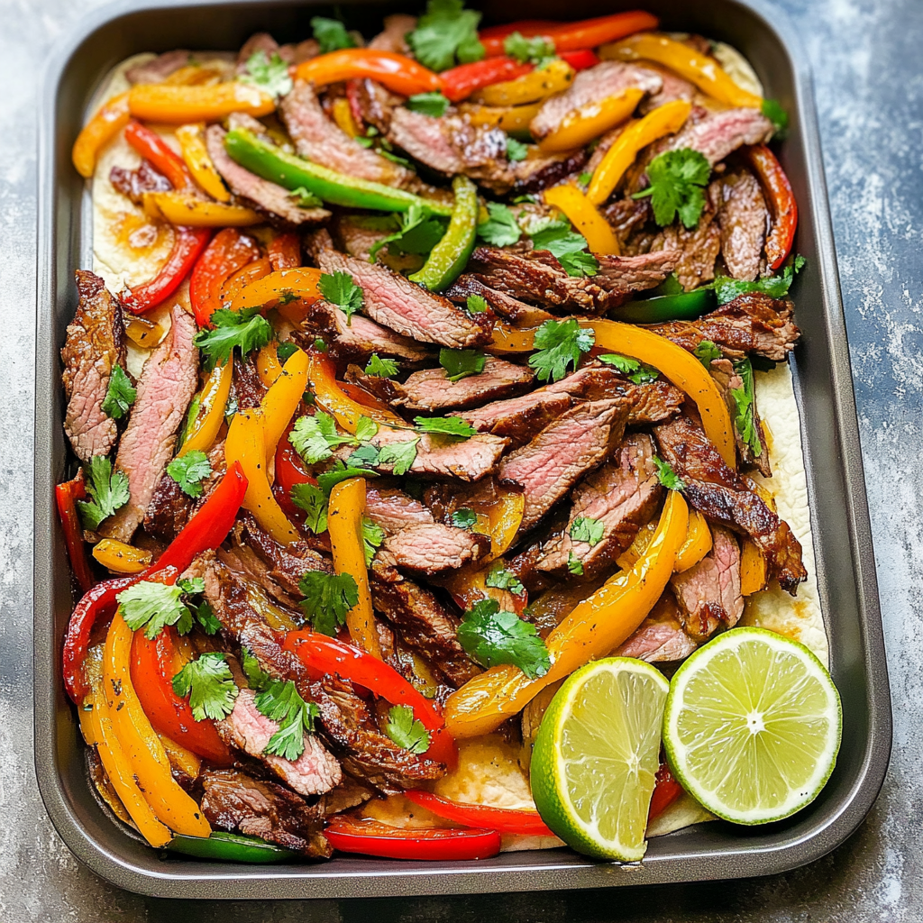Recipe preparation for Sheet Pan Steak Fajitas with Tri-Color Peppers