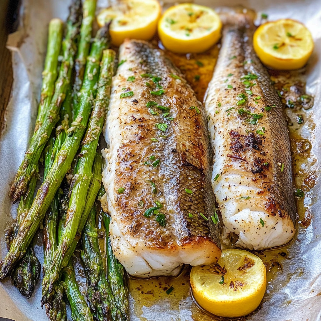 Recipe preparation for Sheet Pan Roasted Mediterranean Sea Bass with Asparagus