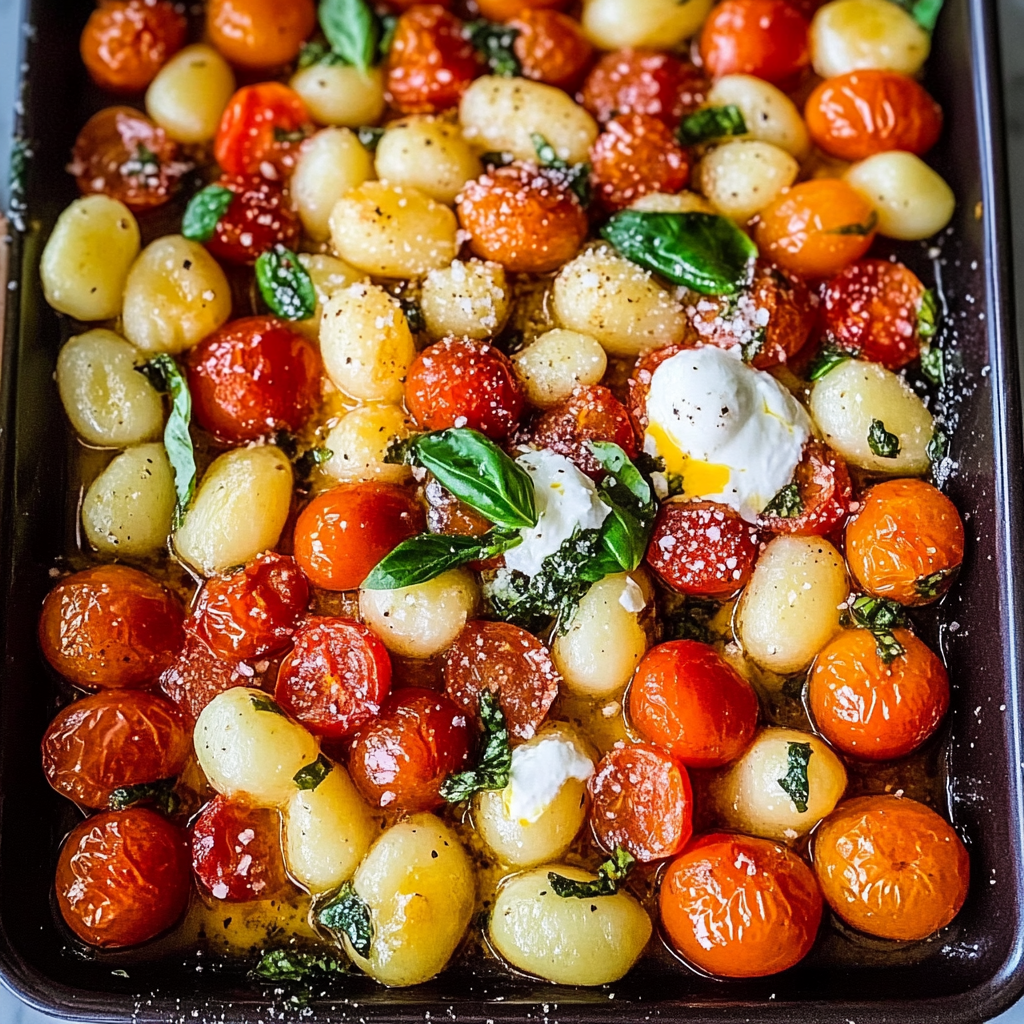 Recipe preparation for Sheet Pan Gnocchi with Roasted Tomatoes and Mozzarella