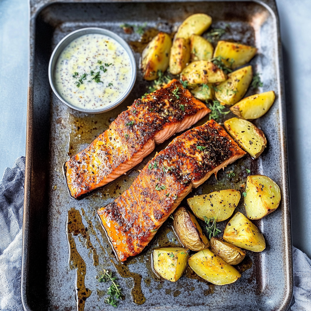 Recipe preparation for Sheet Pan Honey Mustard Salmon and Fingerling Potatoes