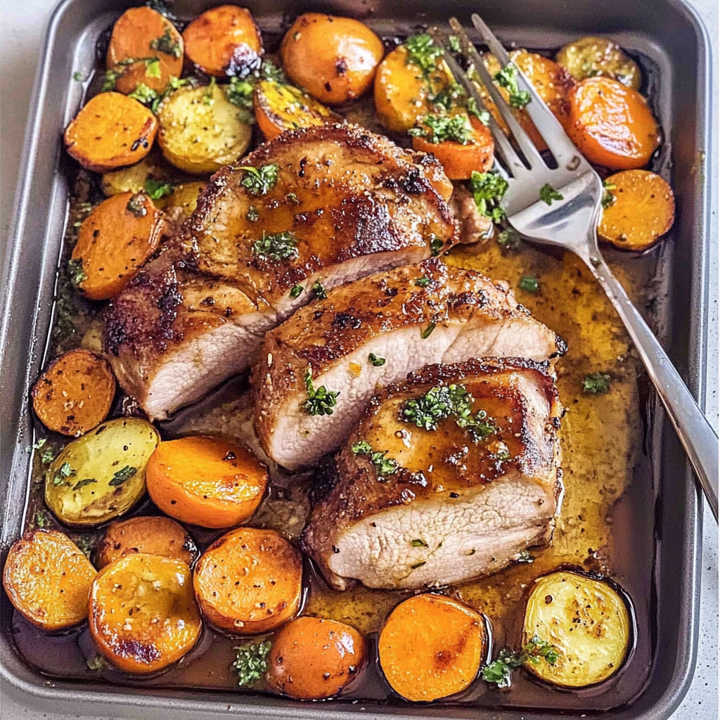 Recipe preparation for Sheet Pan Maple-Mustard Pork Tenderloin with Root Veggies