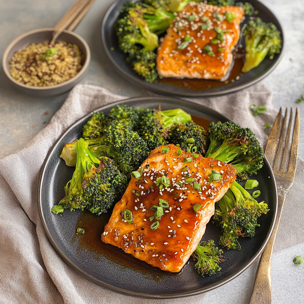 Recipe preparation for Sheet Pan Miso-Glazed Salmon with Sesame Broccoli