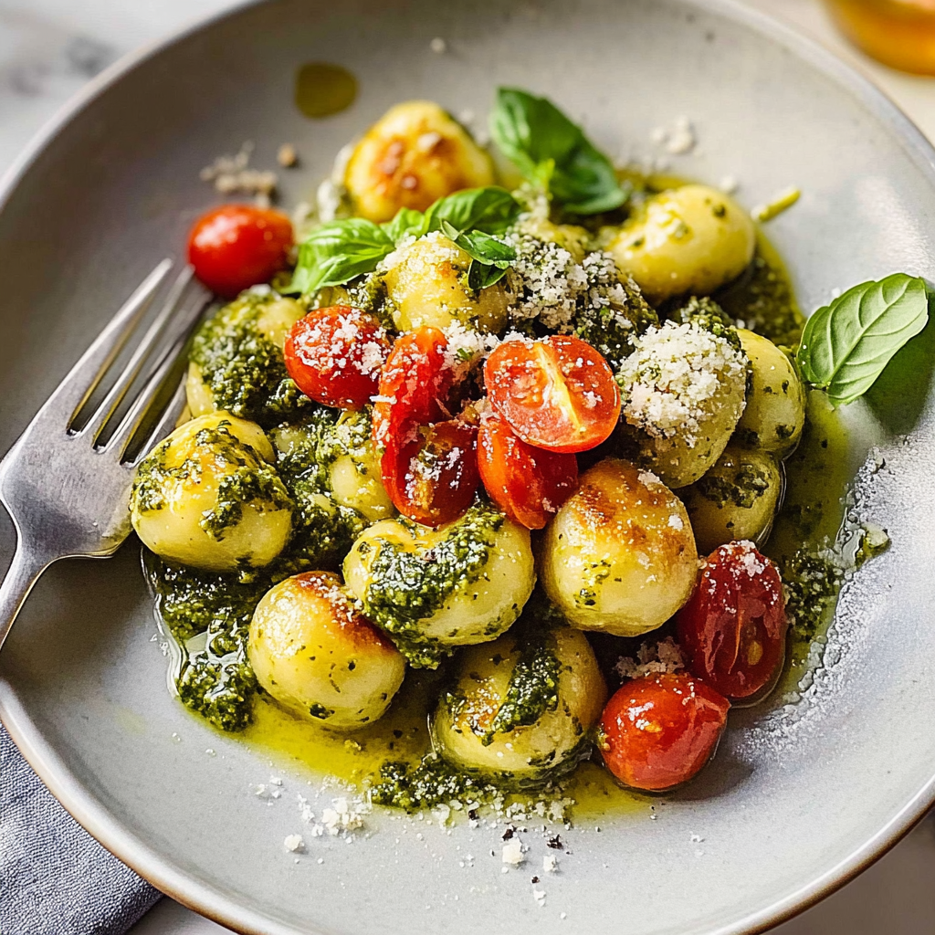 Recipe preparation for Festive Pesto Gnocchi with Cherry Tomatoes