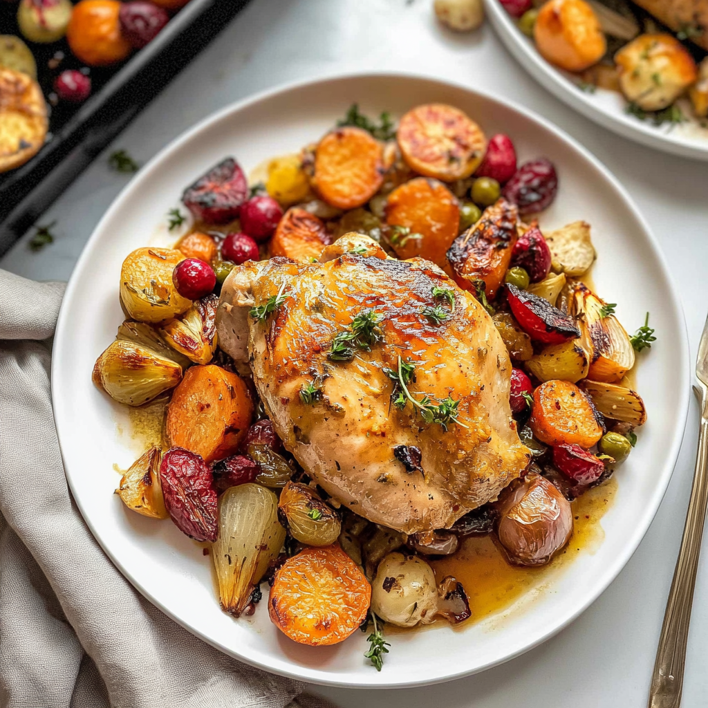 Recipe preparation for Sheet Pan Cranberry Dijon Chicken with Roasted Root Vegetables