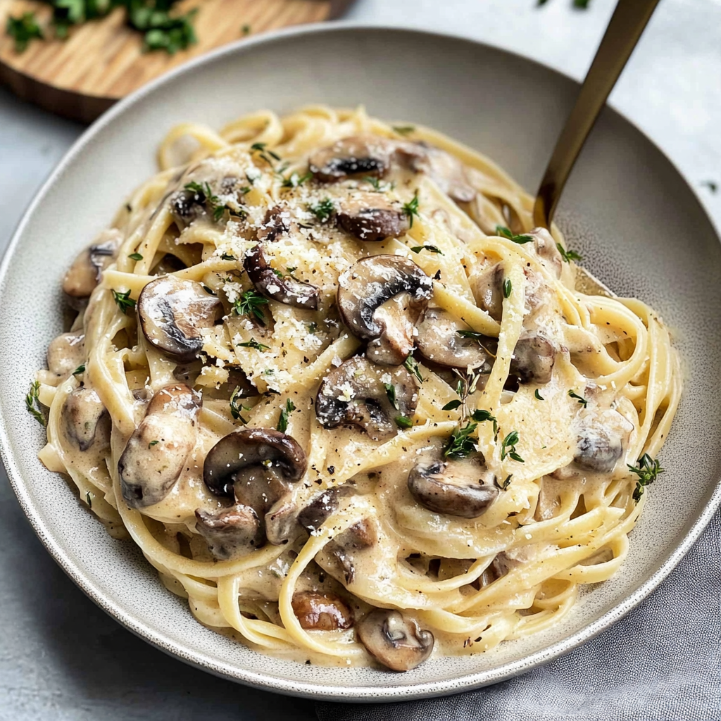 Recipe preparation for 30-Minute Creamy Mushroom and Thyme Pasta