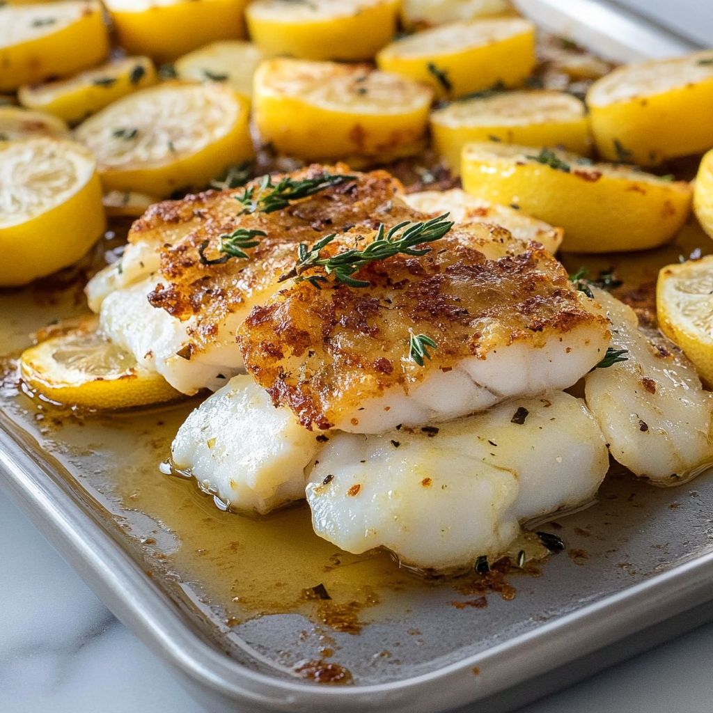 Recipe preparation for Sheet Pan Cod with Lemon and Crispy Pancetta