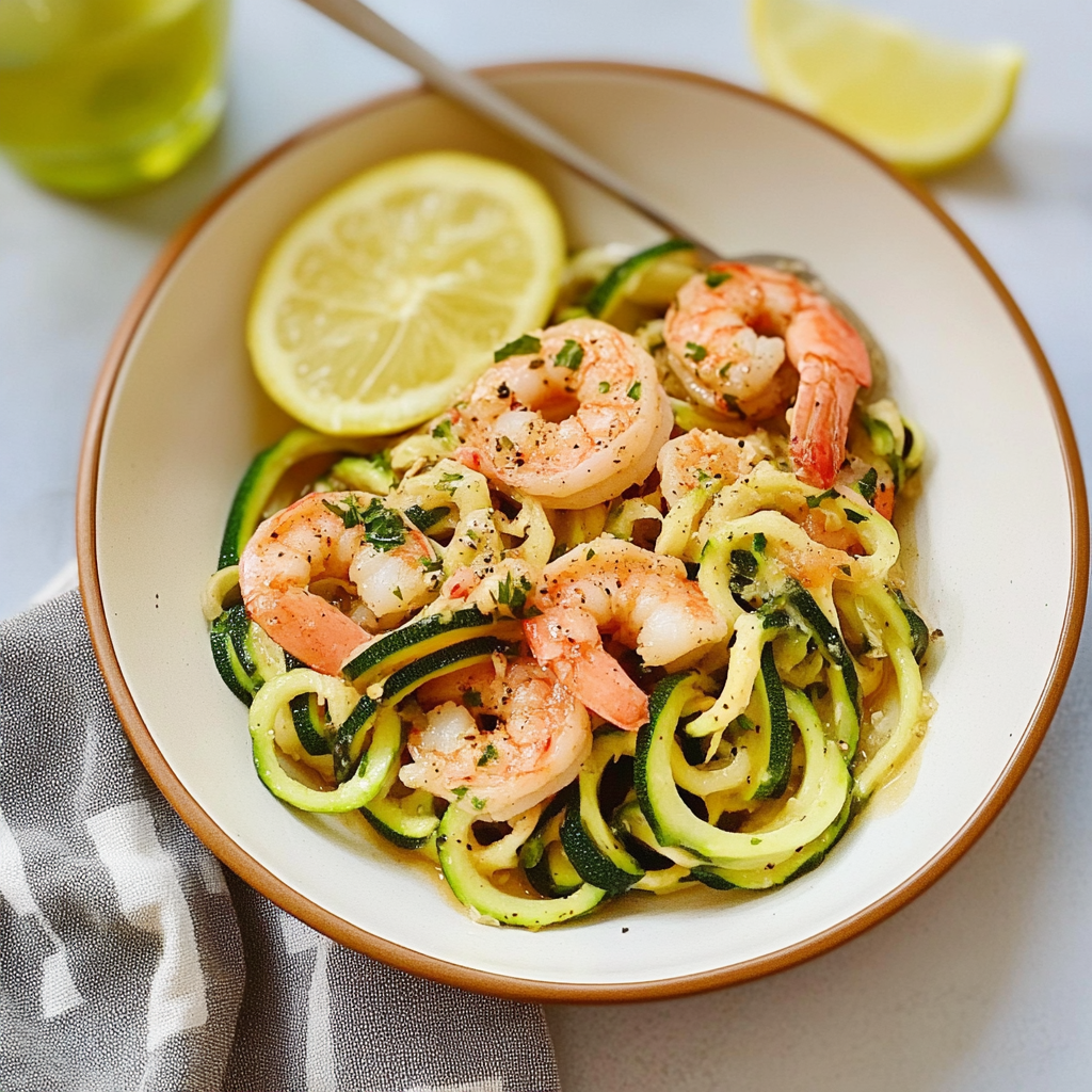 Recipe preparation for 30-Minute Mediterranean Shrimp Scampi with Zucchini Noodles
