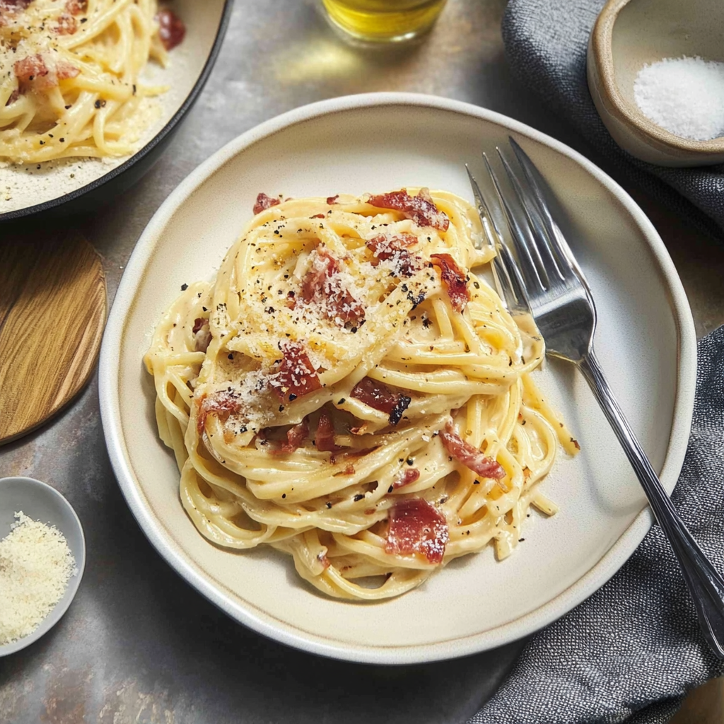 Recipe preparation for 30-Minute Carbonara with Miso & Crispy Guanciale