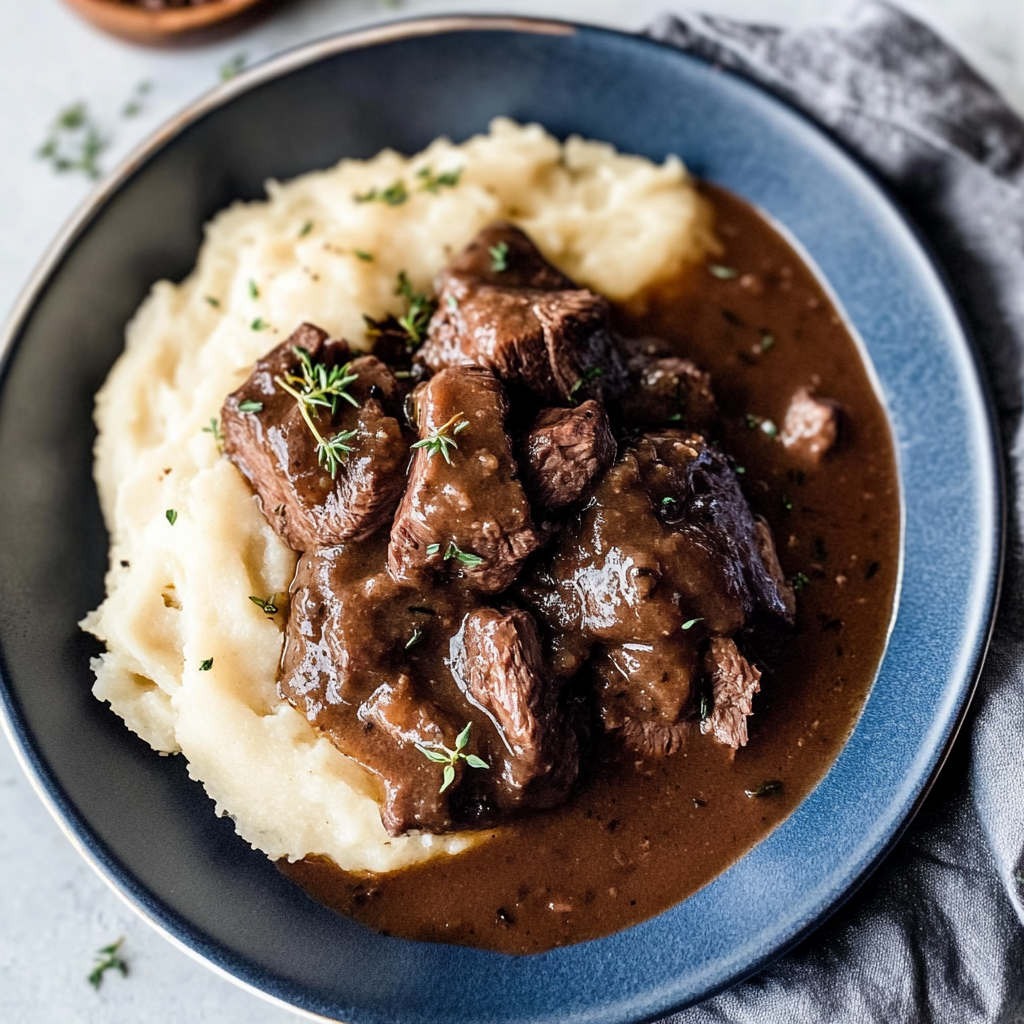 Recipe preparation for Slow Cooker Beef Tips with Gravy