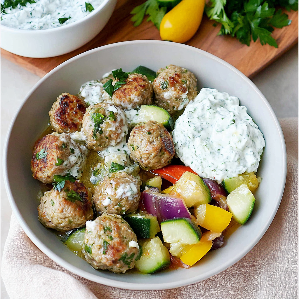 Recipe preparation for 30-Minute Greek Turkey Meatballs with Cucumber Tzatziki