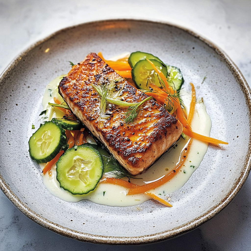 Recipe preparation for 30-Minute Salmon With Cucumber–Yogurt Sauce and Carrot Salad
