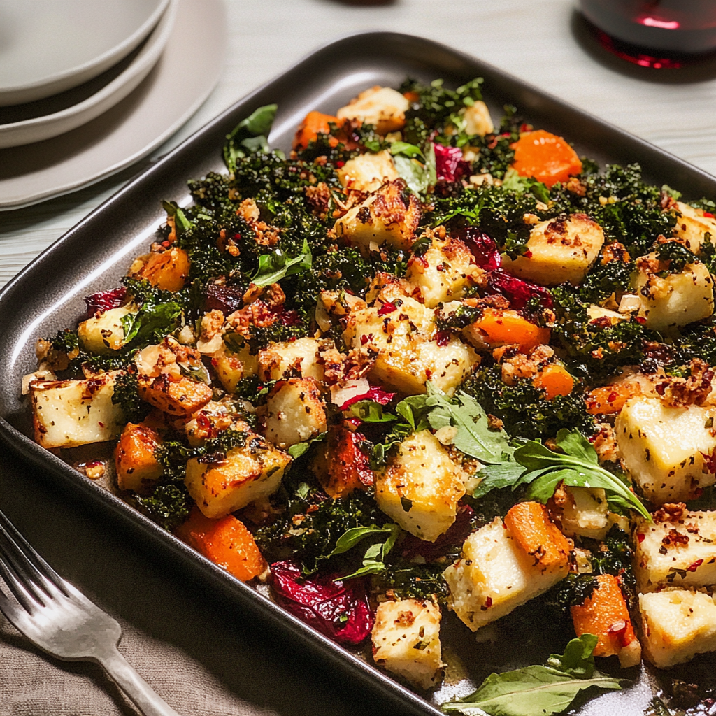Recipe preparation for Sheet-pan panzanella with kale and halloumi