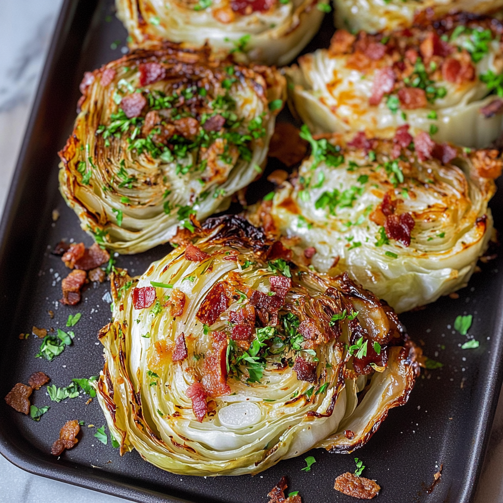 Recipe preparation for Sheet Pan Roasted Cabbage and Crispy Bacon