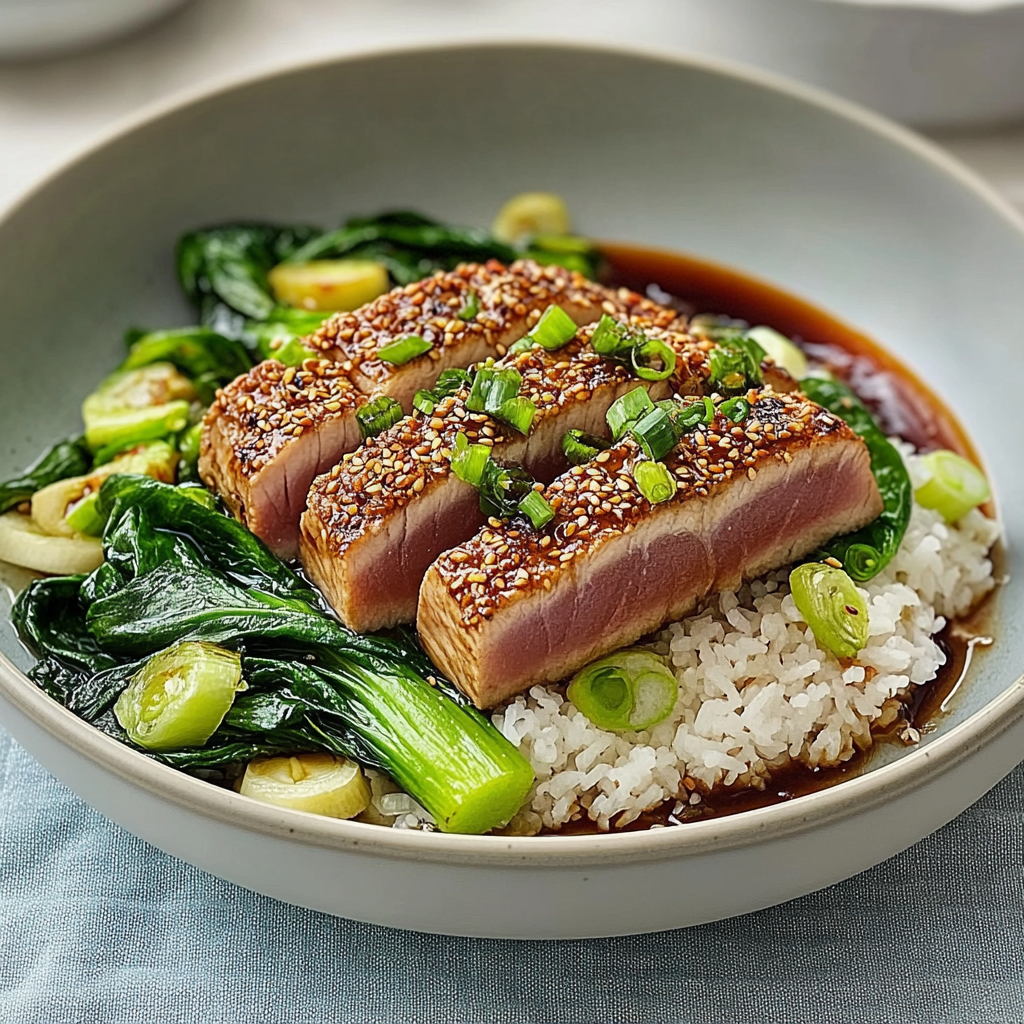 Recipe preparation for Sheet Pan Sesame Crusted Tuna with Bok Choy