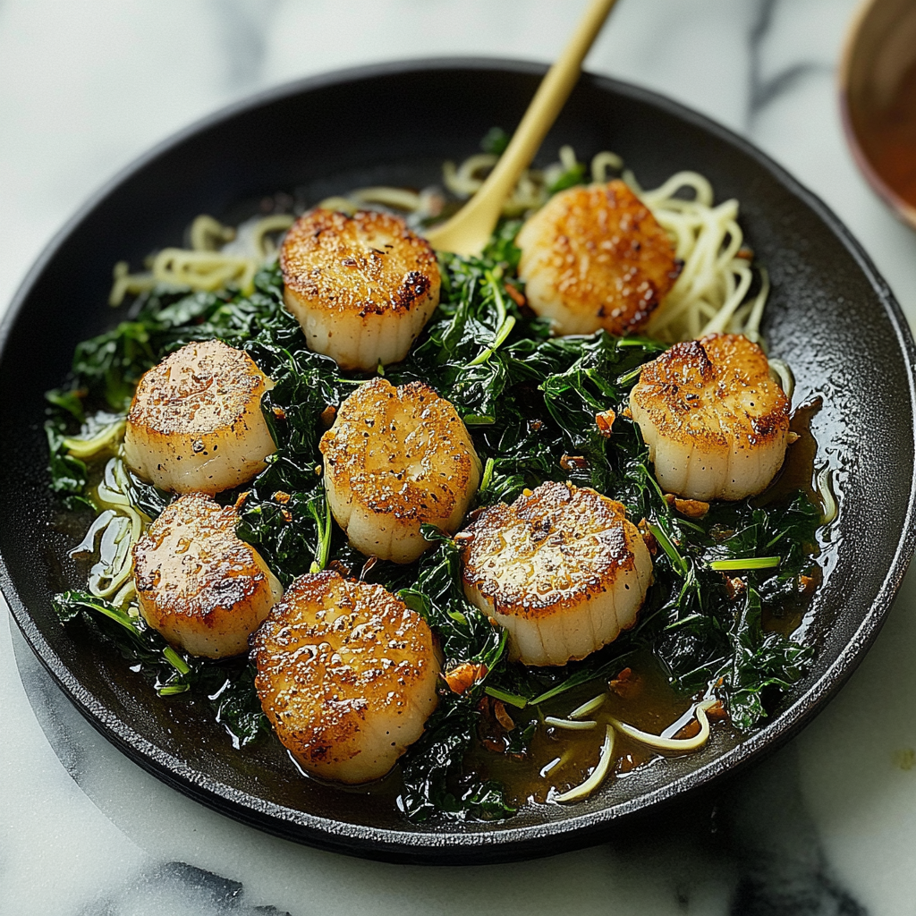 Recipe preparation for 30-Minute Garlic Butter Scallops with Wilted Kale